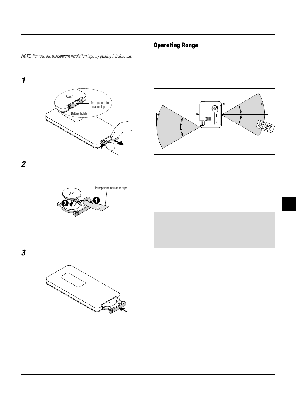 Operating range, E–13, Remote control battery installation | Remote control precautions, Caution | NEC LT150 User Manual | Page 13 / 59