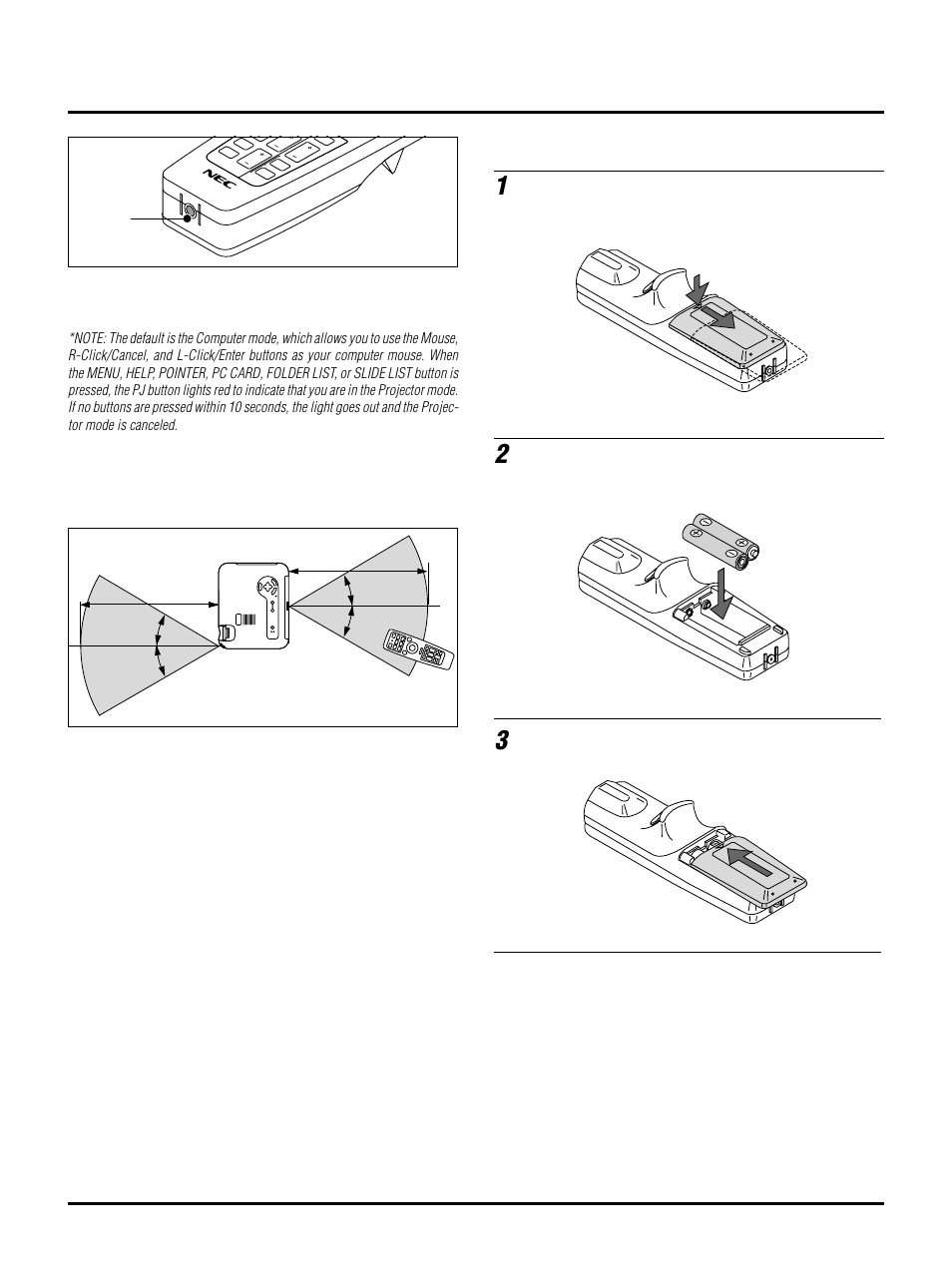 E–16, Remote control battery installation, Remote control precautions | NEC LT150 User Manual | Page 16 / 59