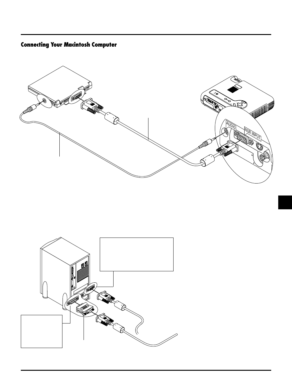Connecting your macintosh computer, E–23, Macintosh (desktop type) | Pc card usb video s-video rgb audio pc control, Cancel | NEC LT150 User Manual | Page 23 / 59