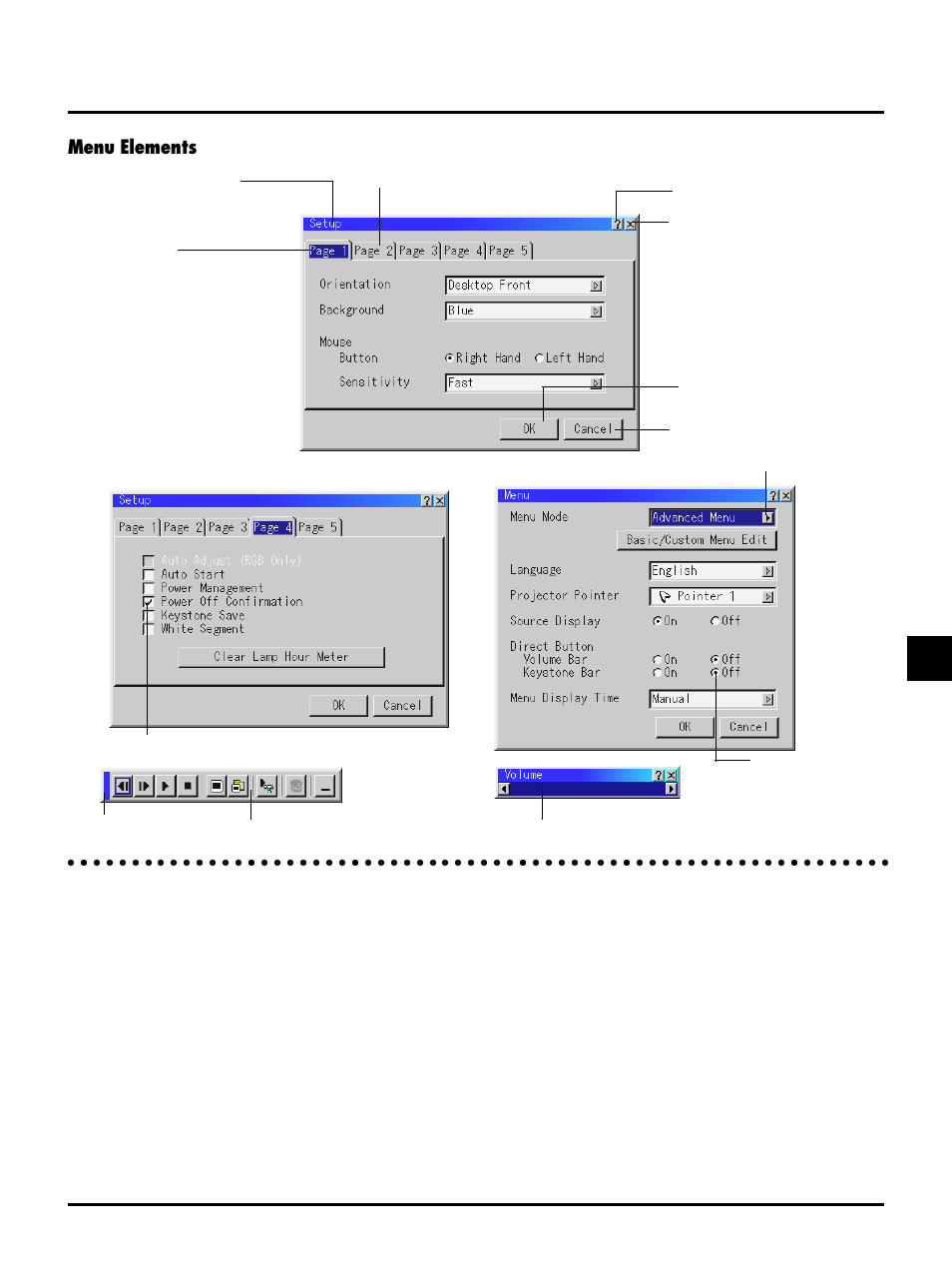 Menu elements | NEC LT150 User Manual | Page 35 / 59