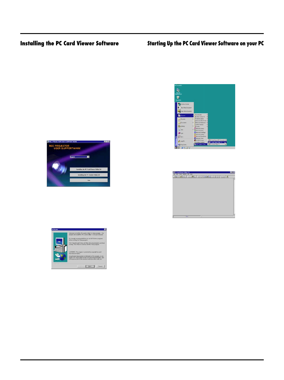 Installing the pc card viewer software, Starting up the pc card viewer software on your pc | NEC LT150 User Manual | Page 46 / 59
