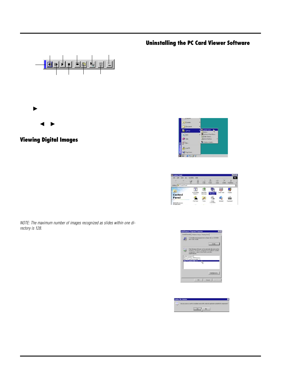 Uninstalling the pc card viewer software, Viewing digital images | NEC LT150 User Manual | Page 50 / 59