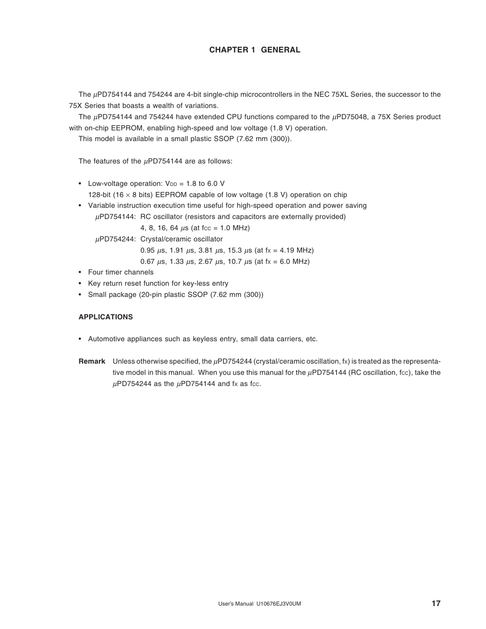 Chapter 1 general | NEC PD754144 User Manual | Page 17 / 306