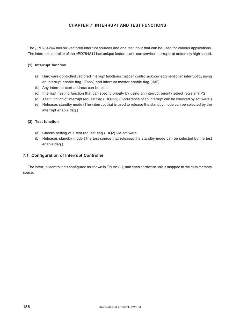 Chapter 7 interrupt and test functions, 1 configuration of interrupt controller | NEC PD754144 User Manual | Page 186 / 306