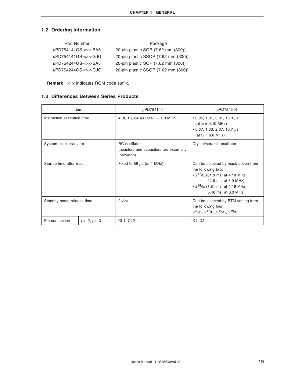 2 ordering information, 3 differences between series products | NEC PD754144 User Manual | Page 19 / 306