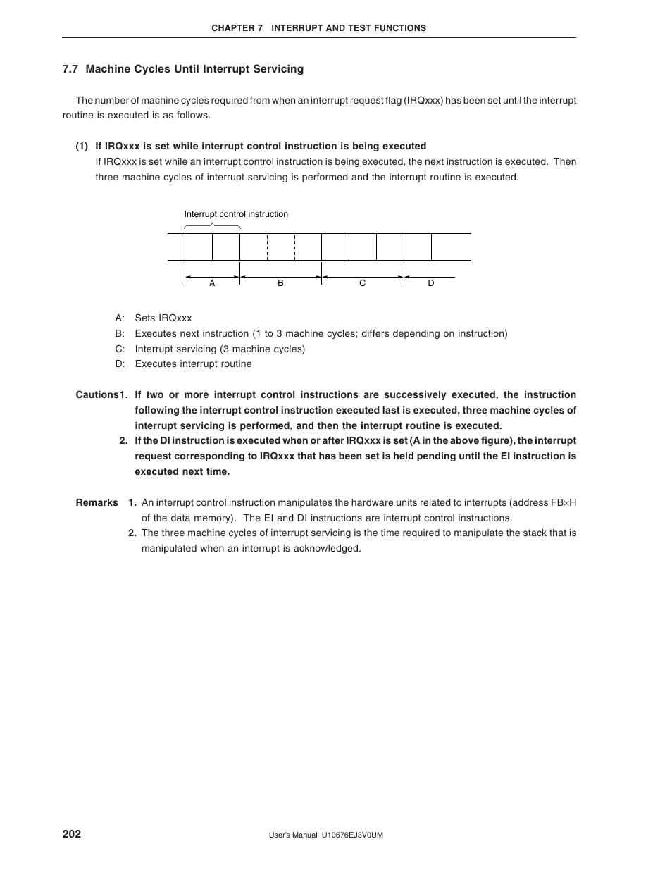 7 machine cycles until interrupt servicing | NEC PD754144 User Manual | Page 202 / 306