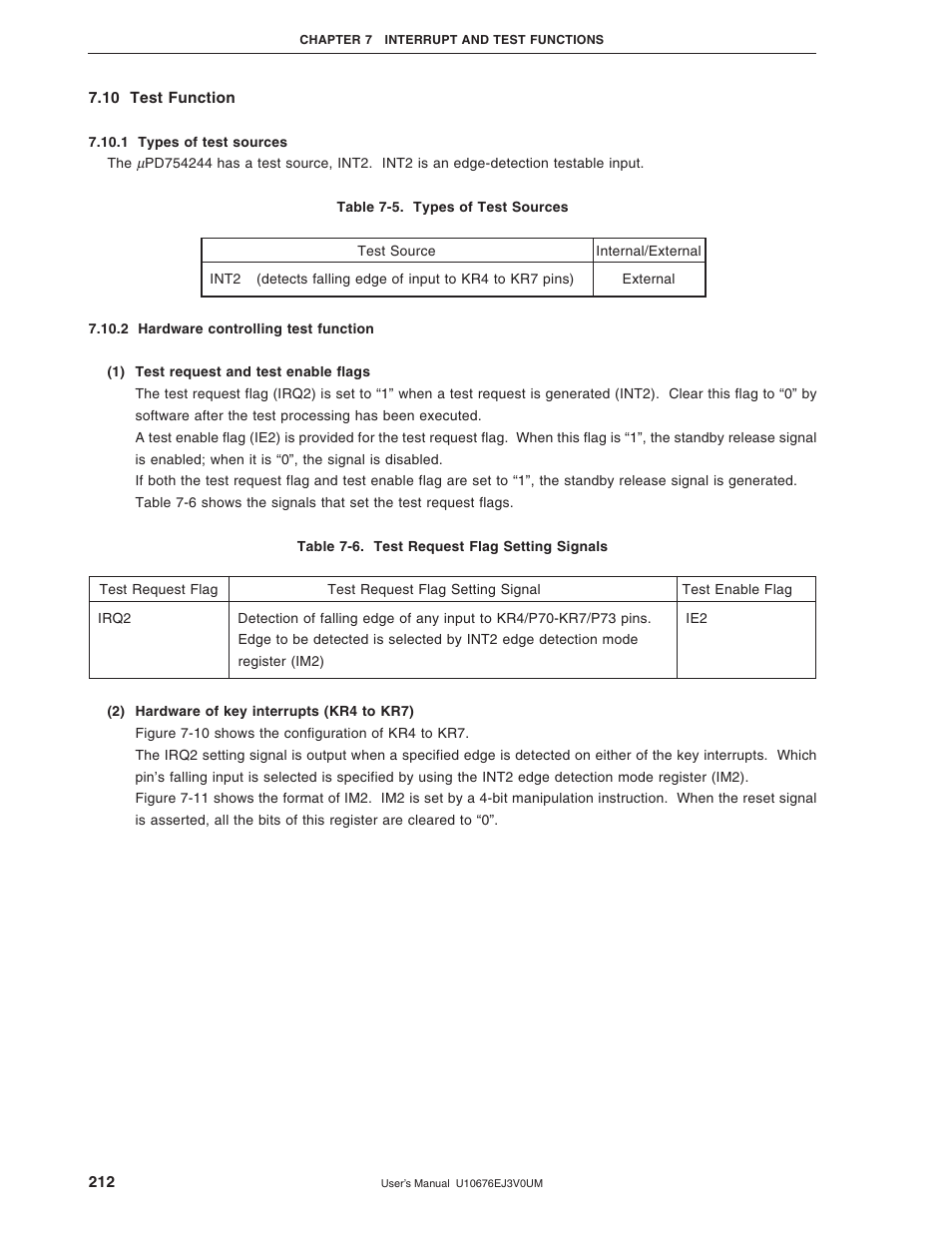 10 test function, 1 types of test sources, 2 hardware controlling test function | NEC PD754144 User Manual | Page 212 / 306