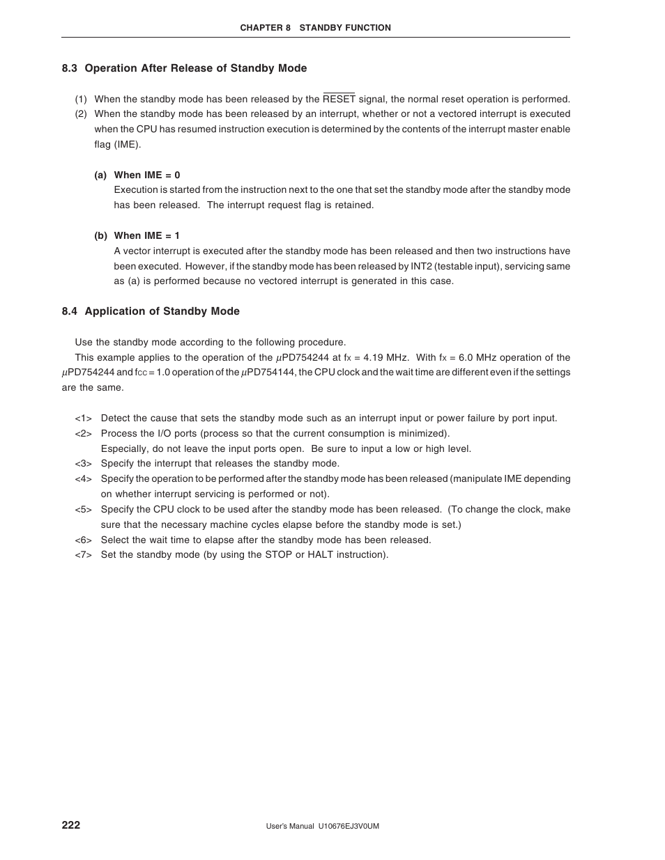 3 operation after release of standby mode, 4 application of standby mode | NEC PD754144 User Manual | Page 222 / 306