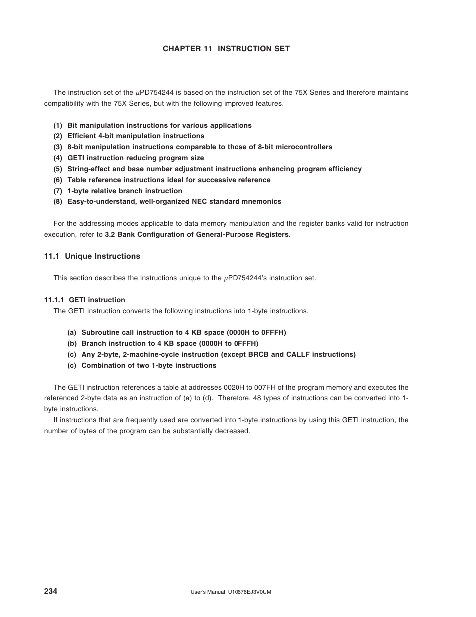 Chapter 11 instruction set, 1 unique instructions, 1 geti instruction | NEC PD754144 User Manual | Page 234 / 306