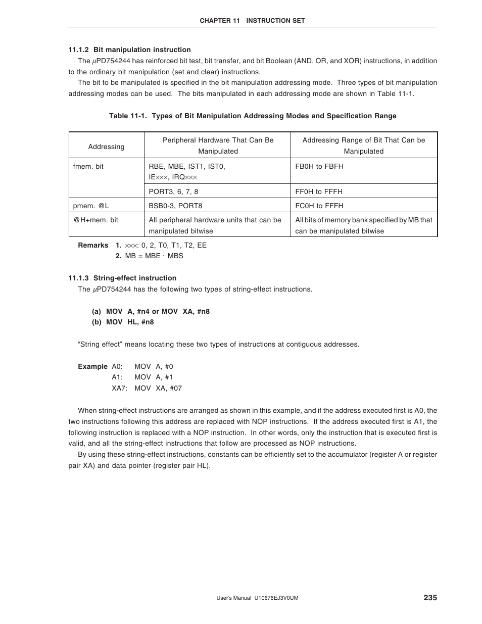 2 bit manipulation instruction, 3 string-effect instruction | NEC PD754144 User Manual | Page 235 / 306