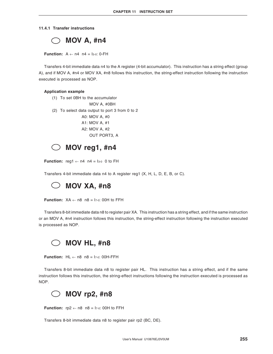 1 transfer instructions, Mov a, #n4, Mov reg1, #n4 | Mov xa, #n8, Mov hl, #n8, Mov rp2, #n8 | NEC PD754144 User Manual | Page 255 / 306