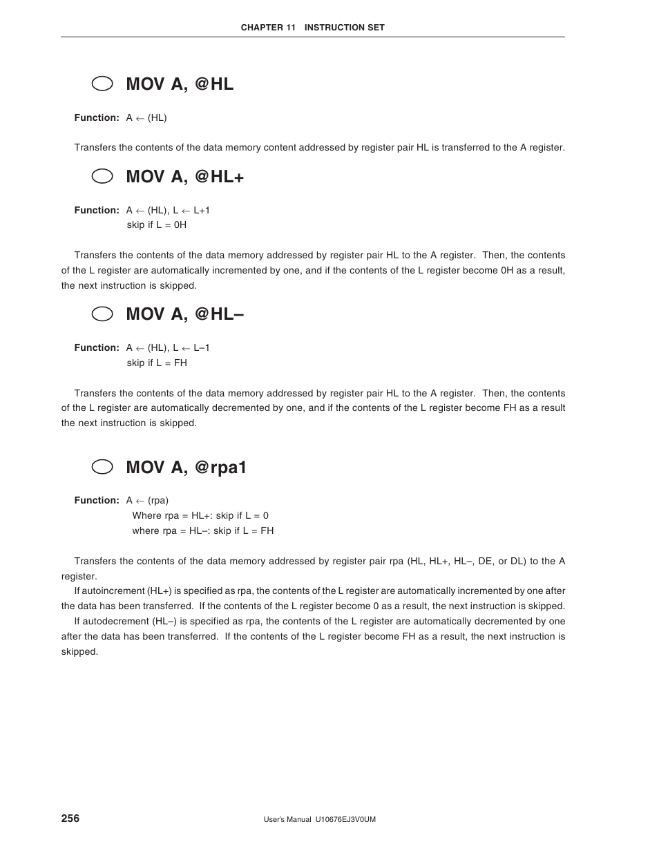 Mov a, @hl, Mov a, @rpa1 | NEC PD754144 User Manual | Page 256 / 306