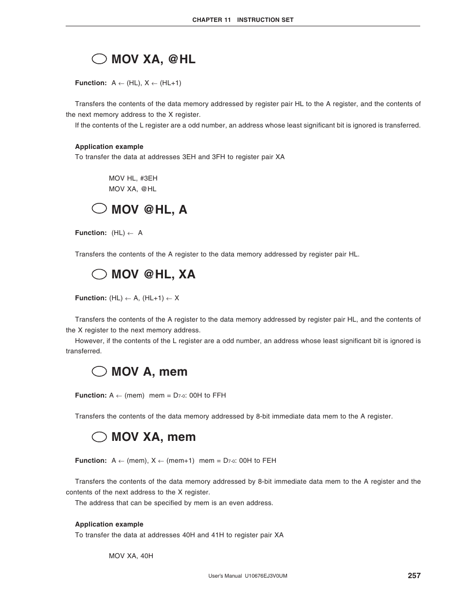 Mov xa, @hl, Mov @hl, a, Mov @hl, xa | Mov a, mem, Mov xa, mem | NEC PD754144 User Manual | Page 257 / 306