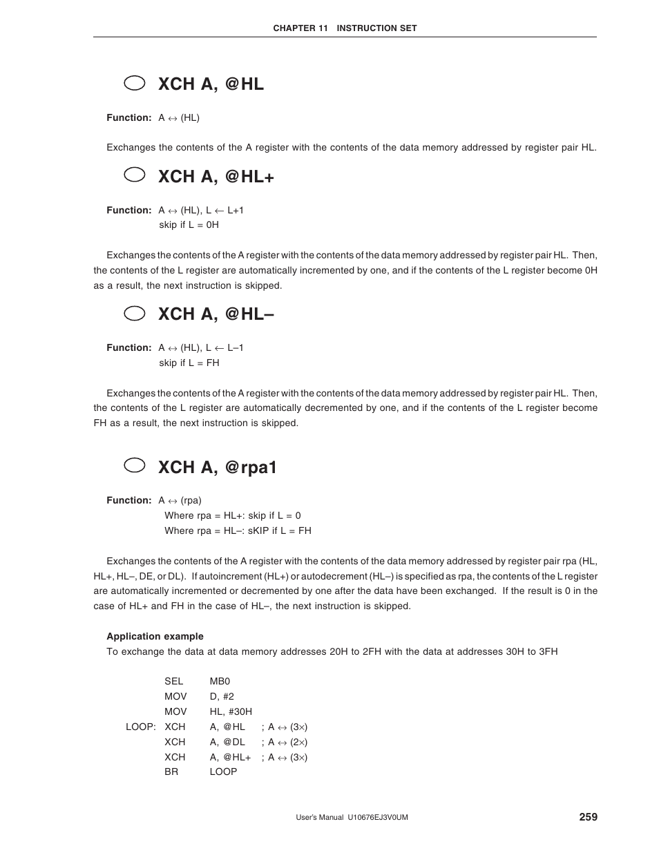 Xch a, @hl, Xch a, @rpa1 | NEC PD754144 User Manual | Page 259 / 306