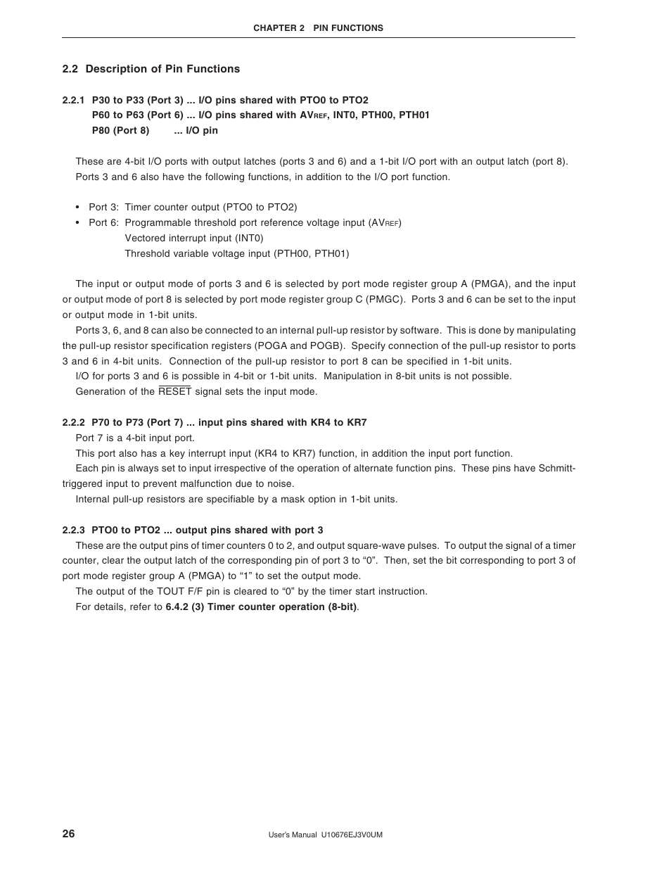 2 description of pin functions, 2 p70 to p73 (port 7), 3 pto0 to pto2 | NEC PD754144 User Manual | Page 26 / 306