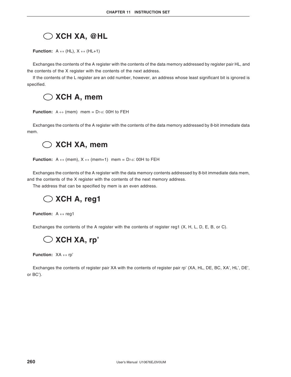 Xch xa, @hl, Xch a, mem, Xch xa, mem | Xch a, reg1, Xch xa, rp | NEC PD754144 User Manual | Page 260 / 306