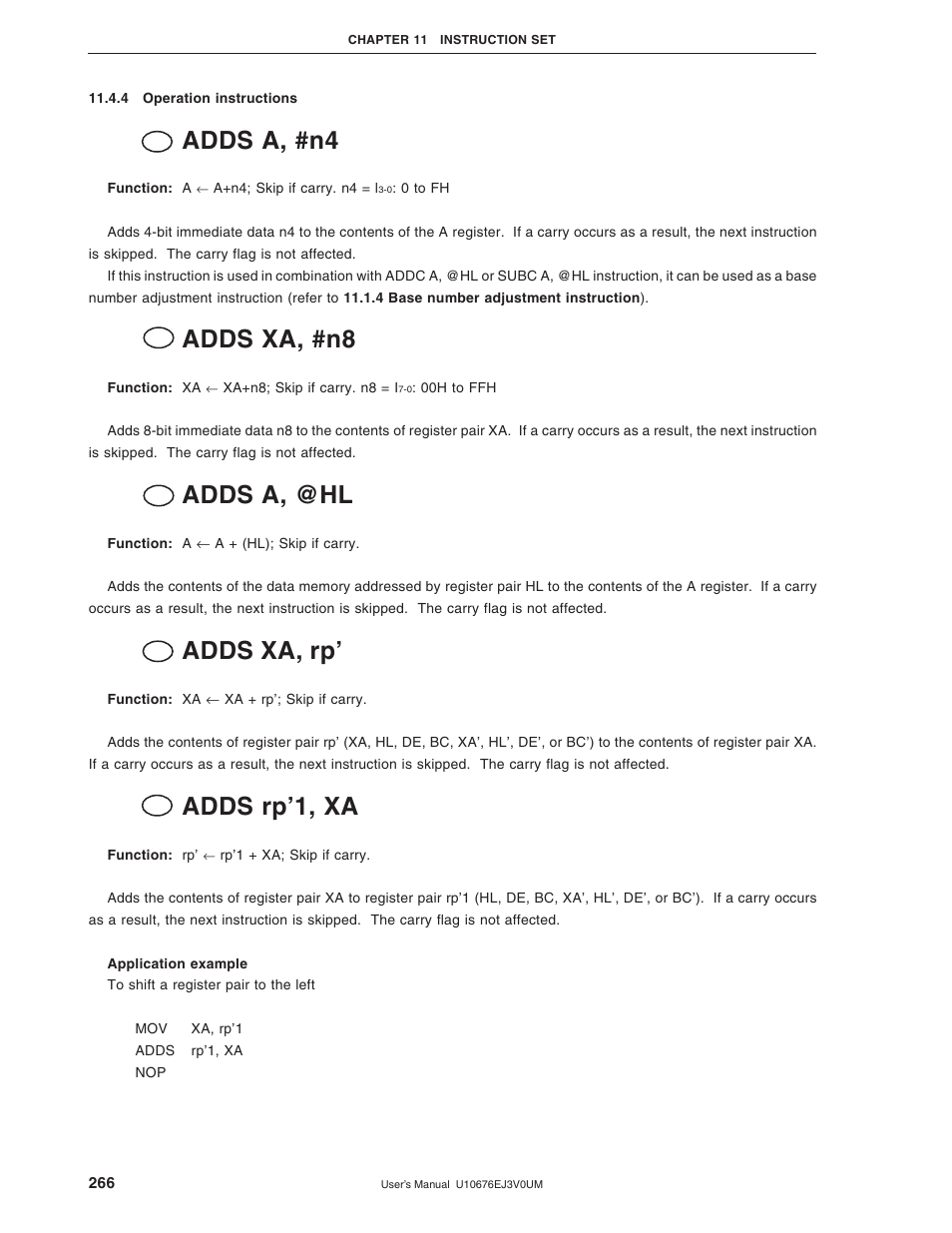 4 operation instructions, Adds a, #n4, Adds xa, #n8 | Adds a, @hl, Adds xa, rp, Adds rp’1, xa | NEC PD754144 User Manual | Page 266 / 306