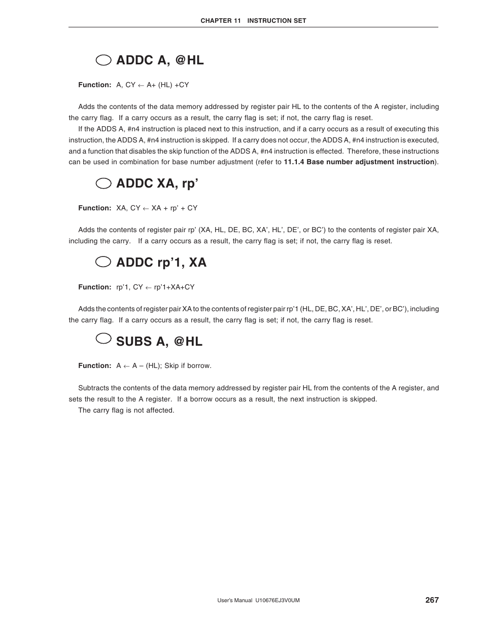 Addc a, @hl, Addc xa, rp, Addc rp’1, xa | Subs a, @hl | NEC PD754144 User Manual | Page 267 / 306