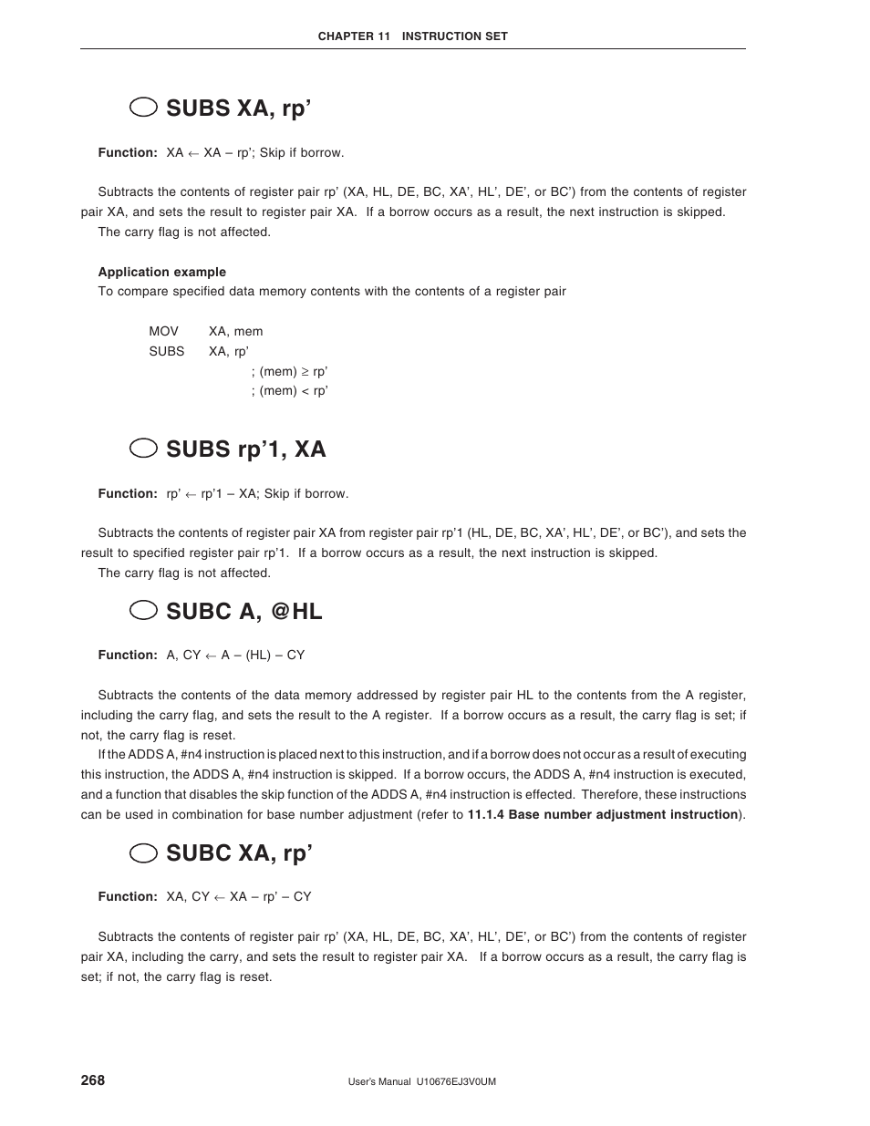 Subs xa, rp, Subs rp’1, xa, Subc a, @hl | Subc xa, rp | NEC PD754144 User Manual | Page 268 / 306