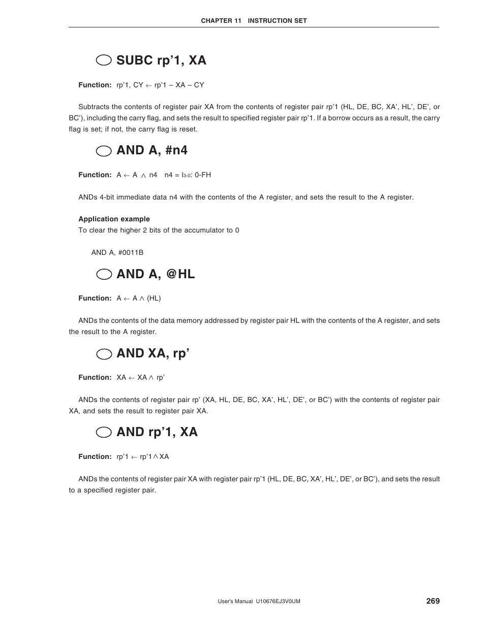 Subc rp’1, xa, And a, #n4, And a, @hl | And xa, rp, And rp’1, xa | NEC PD754144 User Manual | Page 269 / 306