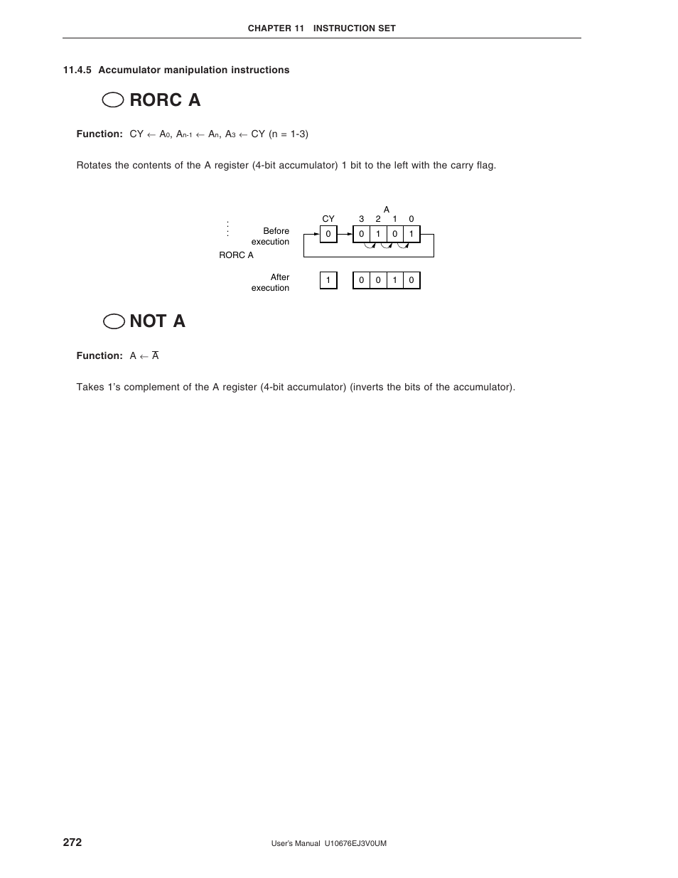 5 accumulator manipulation instructions, Rorc a, Not a | NEC PD754144 User Manual | Page 272 / 306