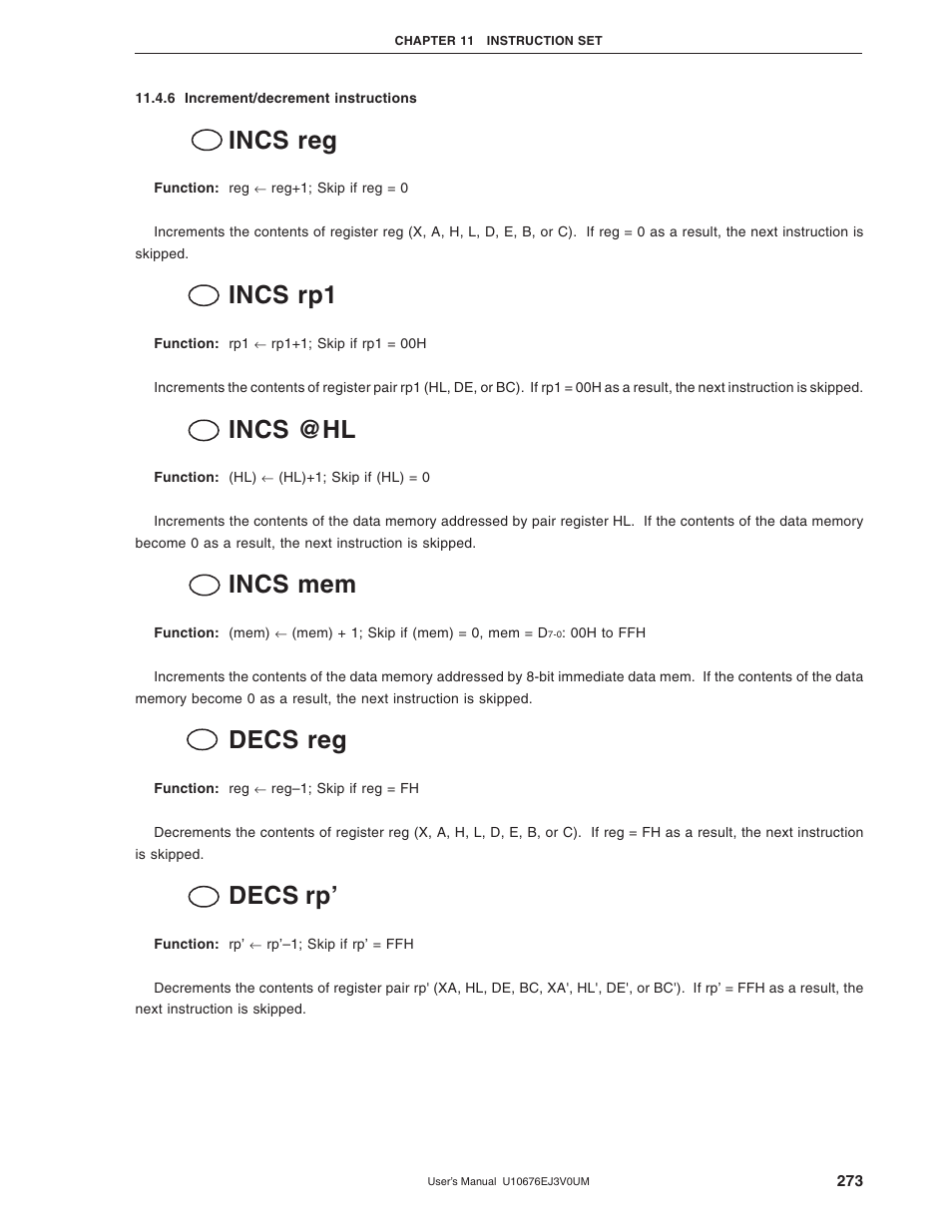6 increment/decrement instructions, Incs reg, Incs rp1 | Incs @hl, Incs mem, Decs reg, Decs rp | NEC PD754144 User Manual | Page 273 / 306