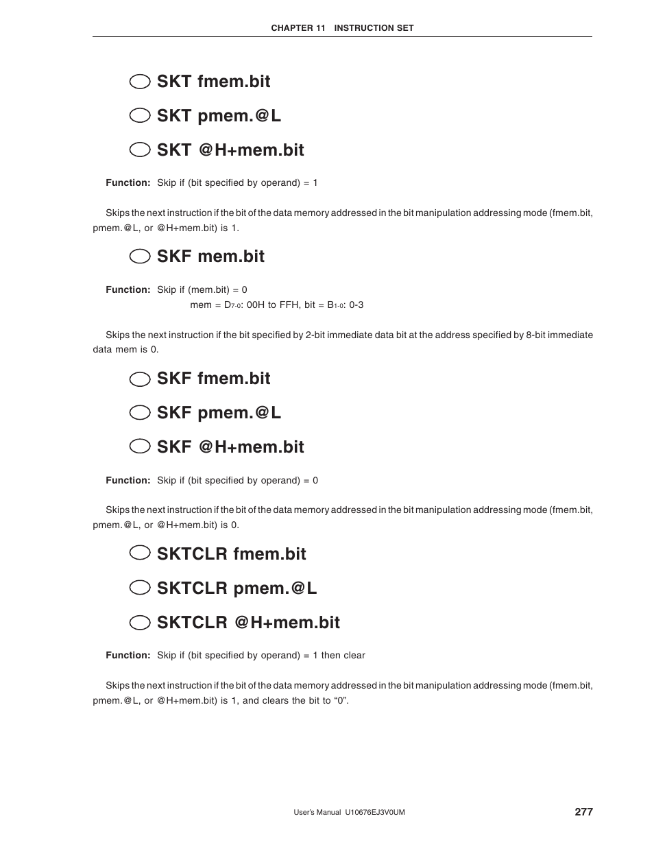 Skt fmem.bit skt pmem.@l skt @h+mem.bit, Skf mem.bit, Skf fmem.bit skf pmem.@l skf @h+mem.bit | Sktclr fmem.bit sktclr pmem.@l sktclr @h+mem.bit | NEC PD754144 User Manual | Page 277 / 306