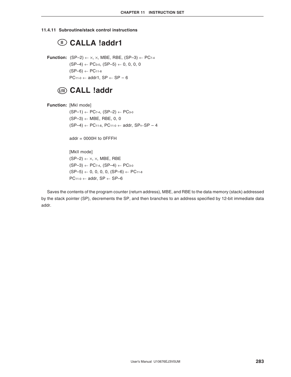 11 subroutine/stack control instructions, Calla !addr1, Call !addr | NEC PD754144 User Manual | Page 283 / 306