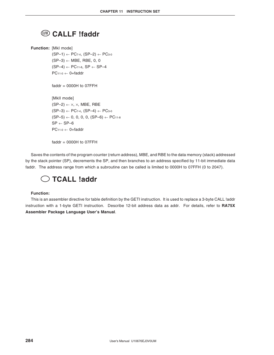 Callf !faddr, Tcall !addr | NEC PD754144 User Manual | Page 284 / 306