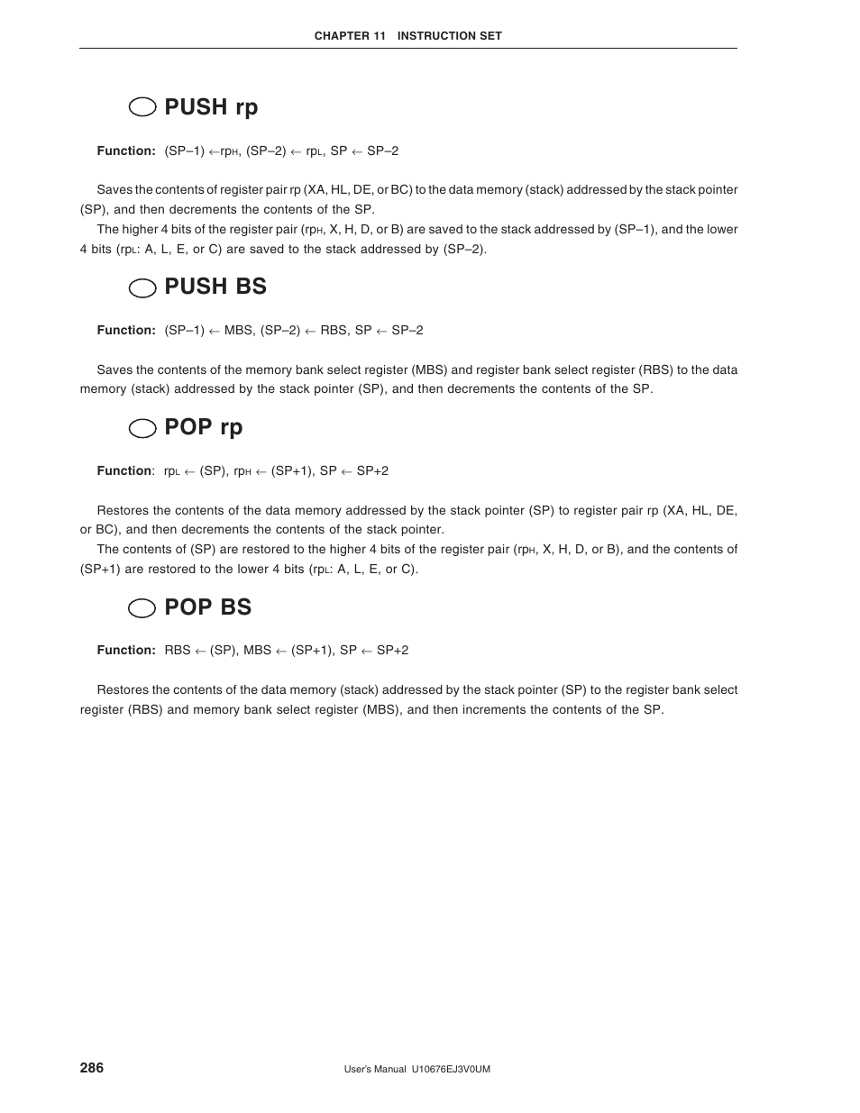 Push rp, Push bs, Pop rp | Pop bs | NEC PD754144 User Manual | Page 286 / 306