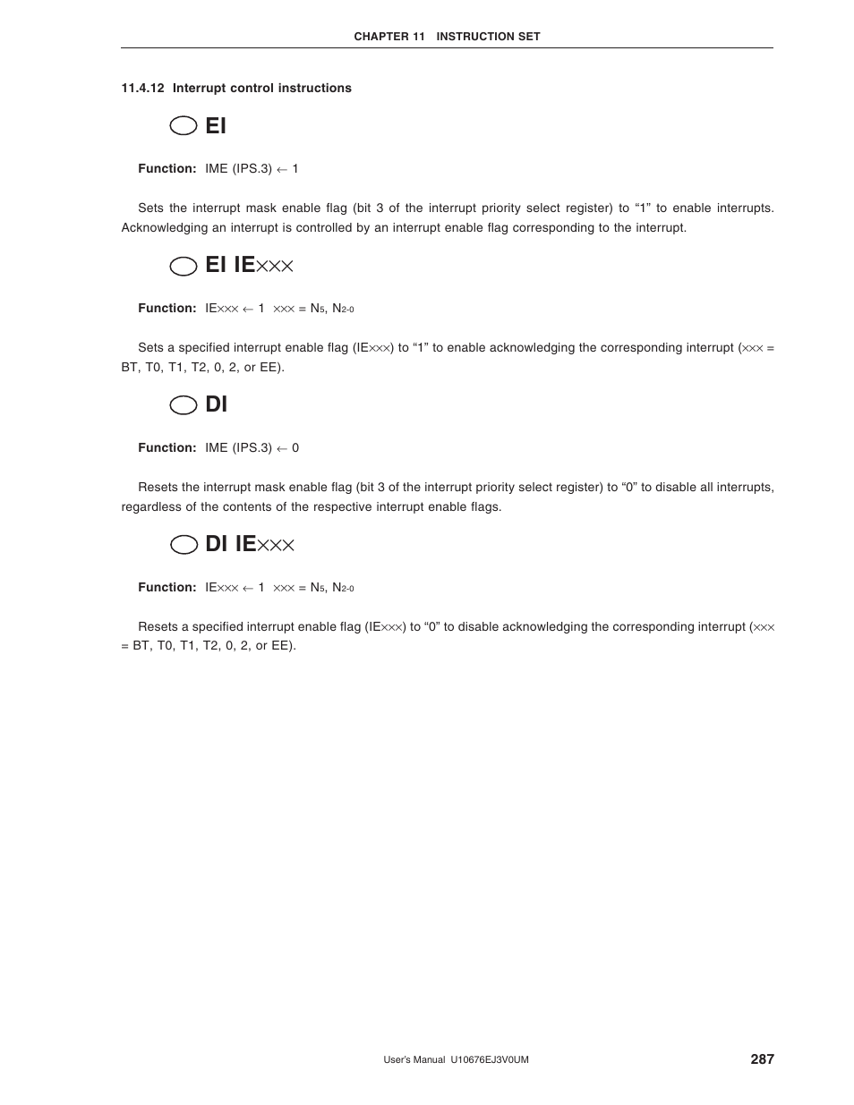 12 interrupt control instructions, Ei ie, Di ie | NEC PD754144 User Manual | Page 287 / 306