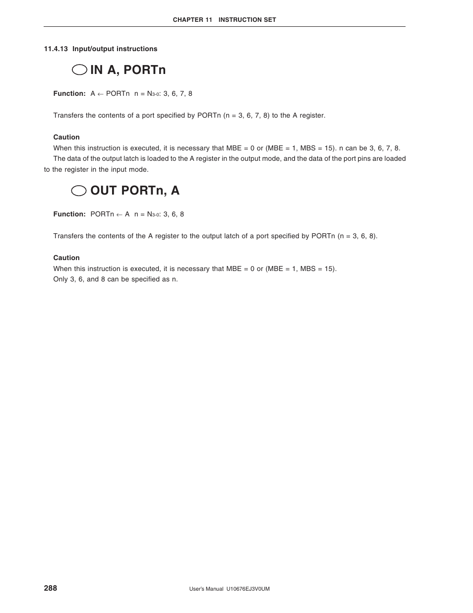 13 input/output instructions, Out portn, a | NEC PD754144 User Manual | Page 288 / 306