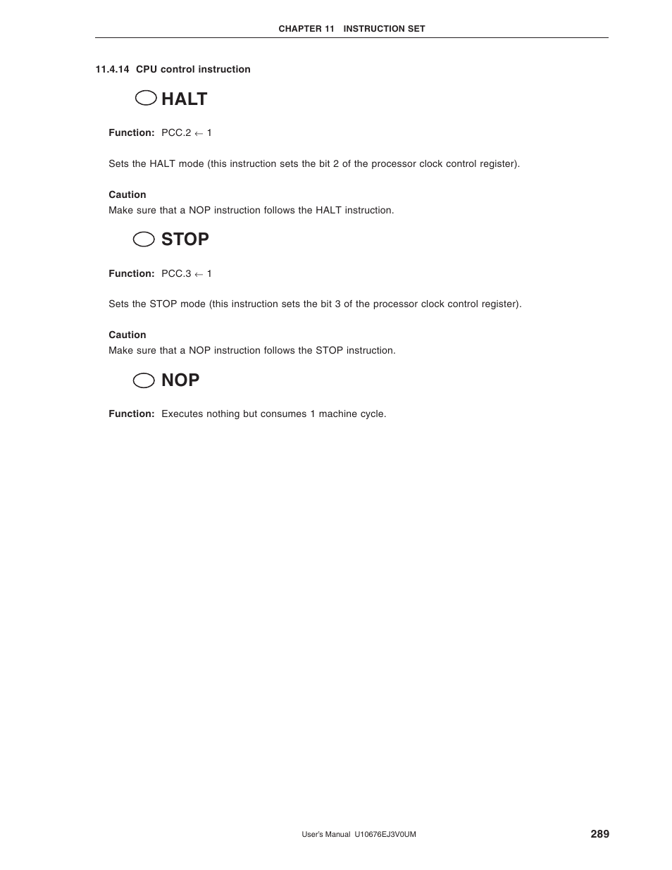 14 cpu control instruction, Halt, Stop | NEC PD754144 User Manual | Page 289 / 306