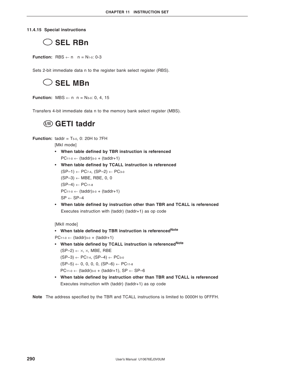 15 special instructions, Sel rbn, Sel mbn | Geti taddr | NEC PD754144 User Manual | Page 290 / 306