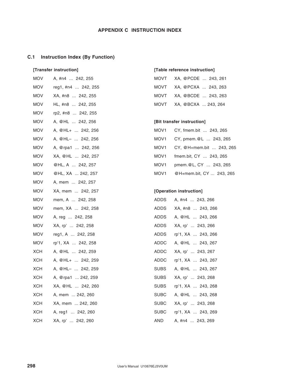 Appendix c instruction index, C.1 instruction index (by function) | NEC PD754144 User Manual | Page 298 / 306