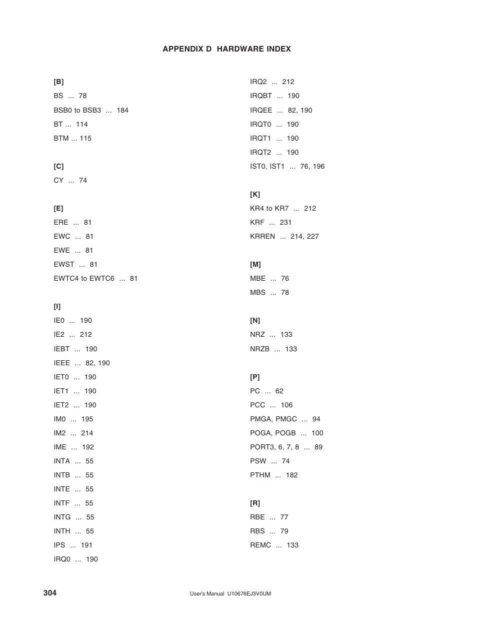 Appendix d hardware index | NEC PD754144 User Manual | Page 304 / 306