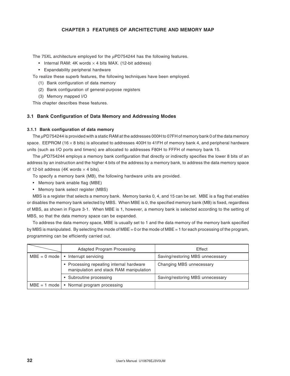 Chapter 3 features of architecture and memory map, 1 bank configuration of data memory | NEC PD754144 User Manual | Page 32 / 306