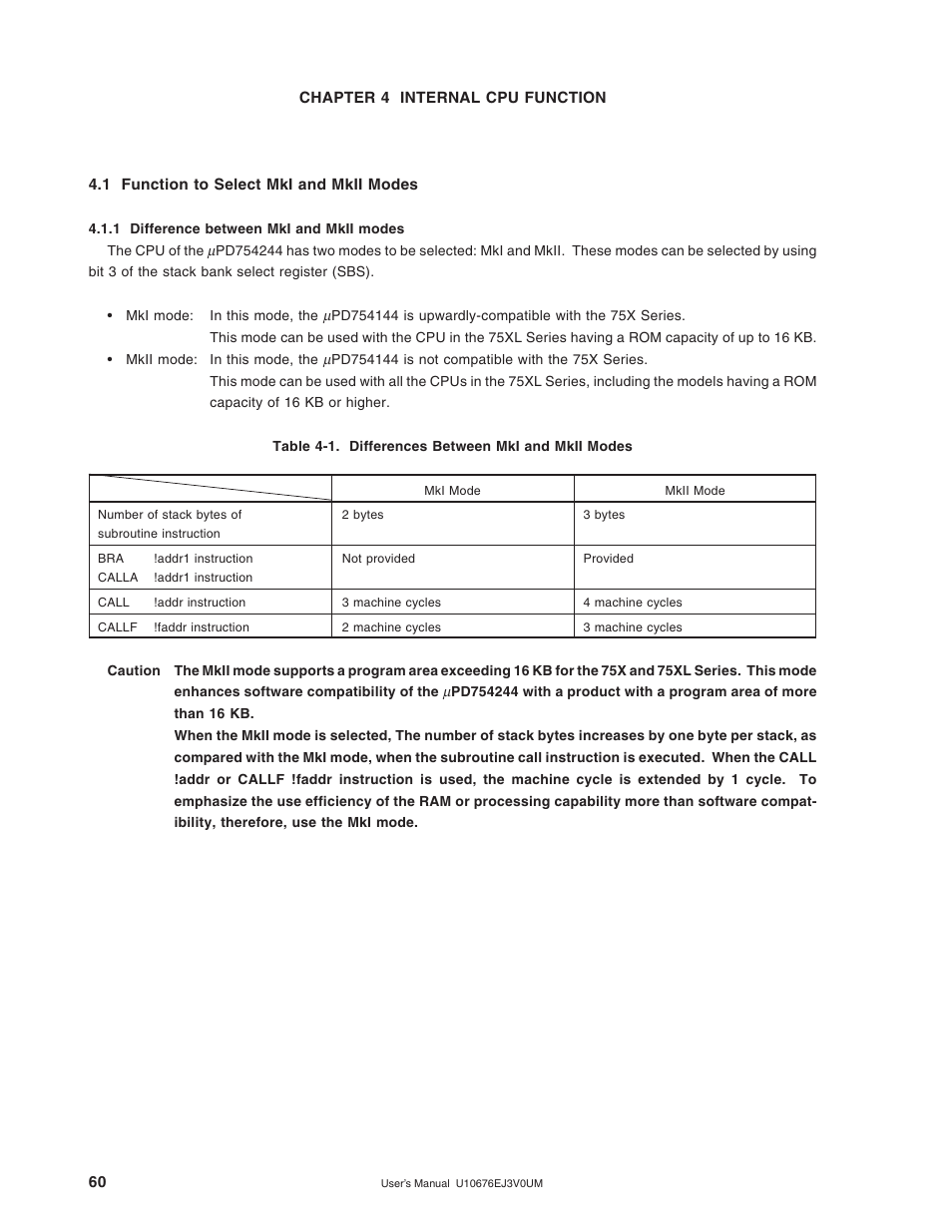 Chapter 4 internal cpu function, 1 function to select mki and mkii modes, 1 difference between mki and mkii modes | NEC PD754144 User Manual | Page 60 / 306