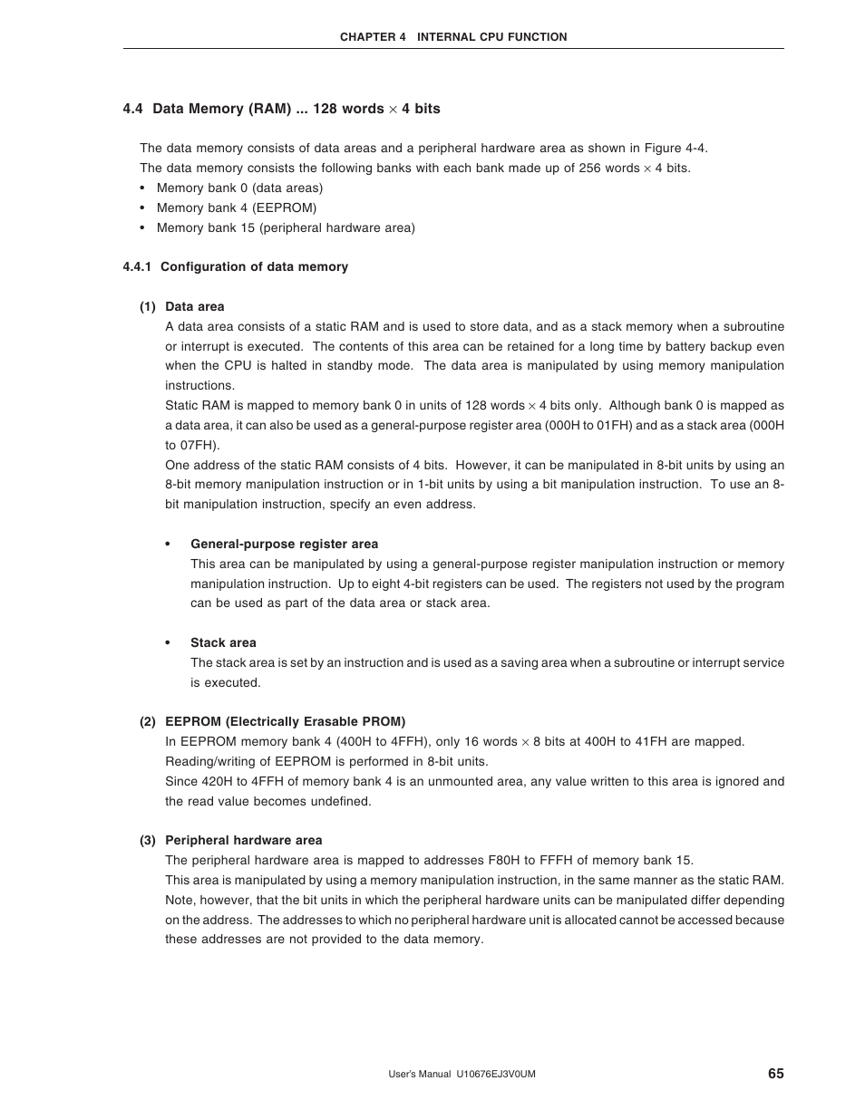 4 data memory (ram), 1 configuration of data memory | NEC PD754144 User Manual | Page 65 / 306