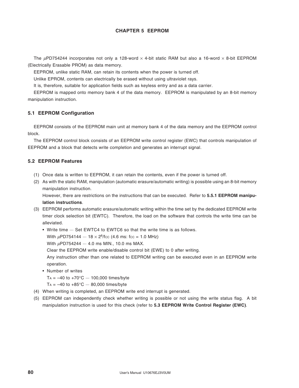 Chapter 5 eeprom, 1 eeprom configuration, 2 eeprom features | NEC PD754144 User Manual | Page 80 / 306