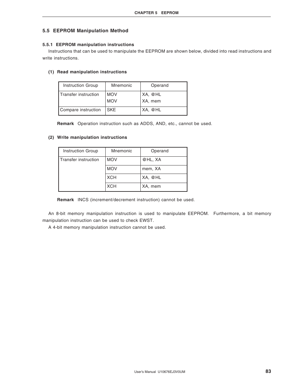 5 eeprom manipulation method, 1 eeprom manipulation instructions | NEC PD754144 User Manual | Page 83 / 306