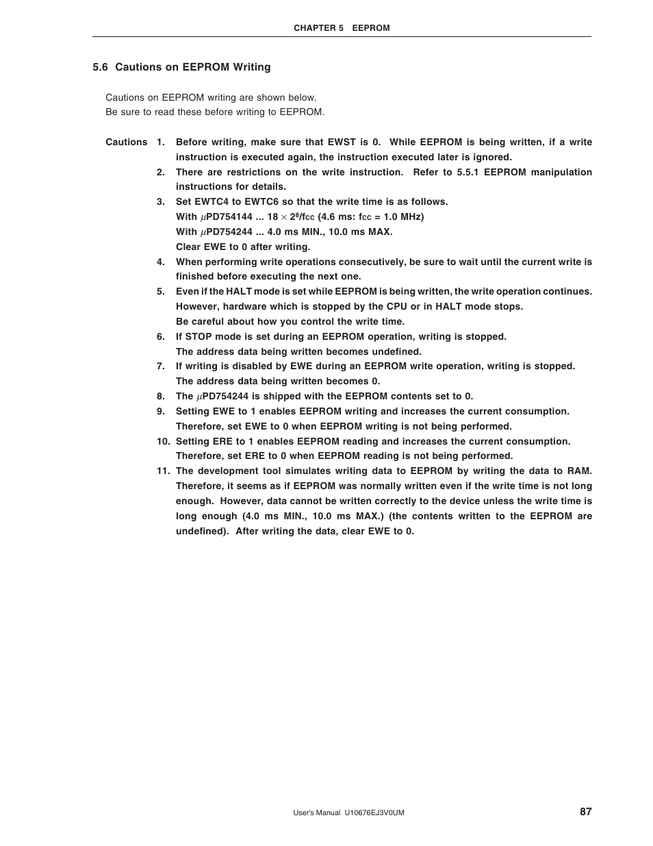 6 cautions on eeprom writing | NEC PD754144 User Manual | Page 87 / 306