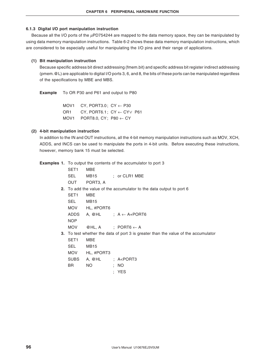 3 digital i/o port manipulation instruction | NEC PD754144 User Manual | Page 96 / 306