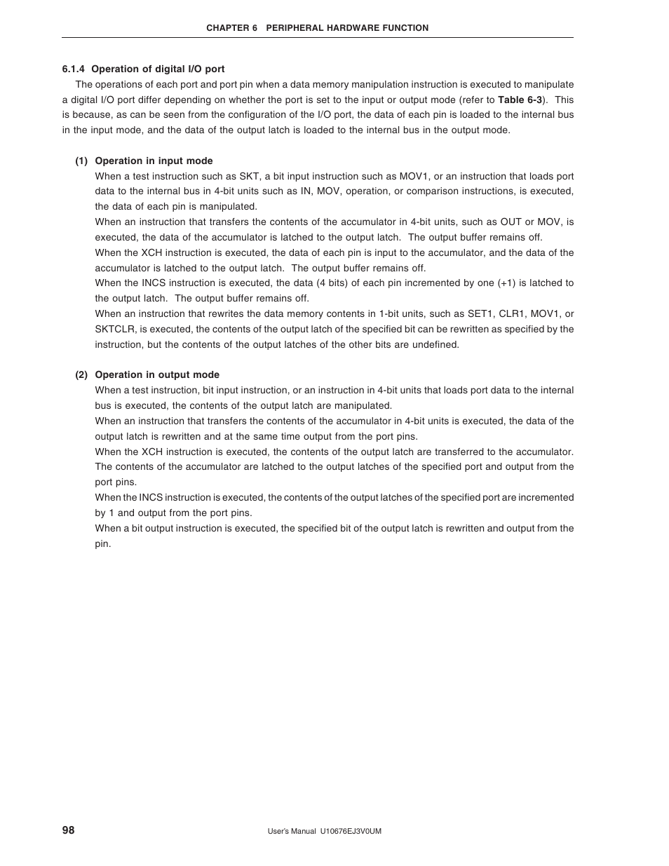 4 operation of digital i/o port | NEC PD754144 User Manual | Page 98 / 306