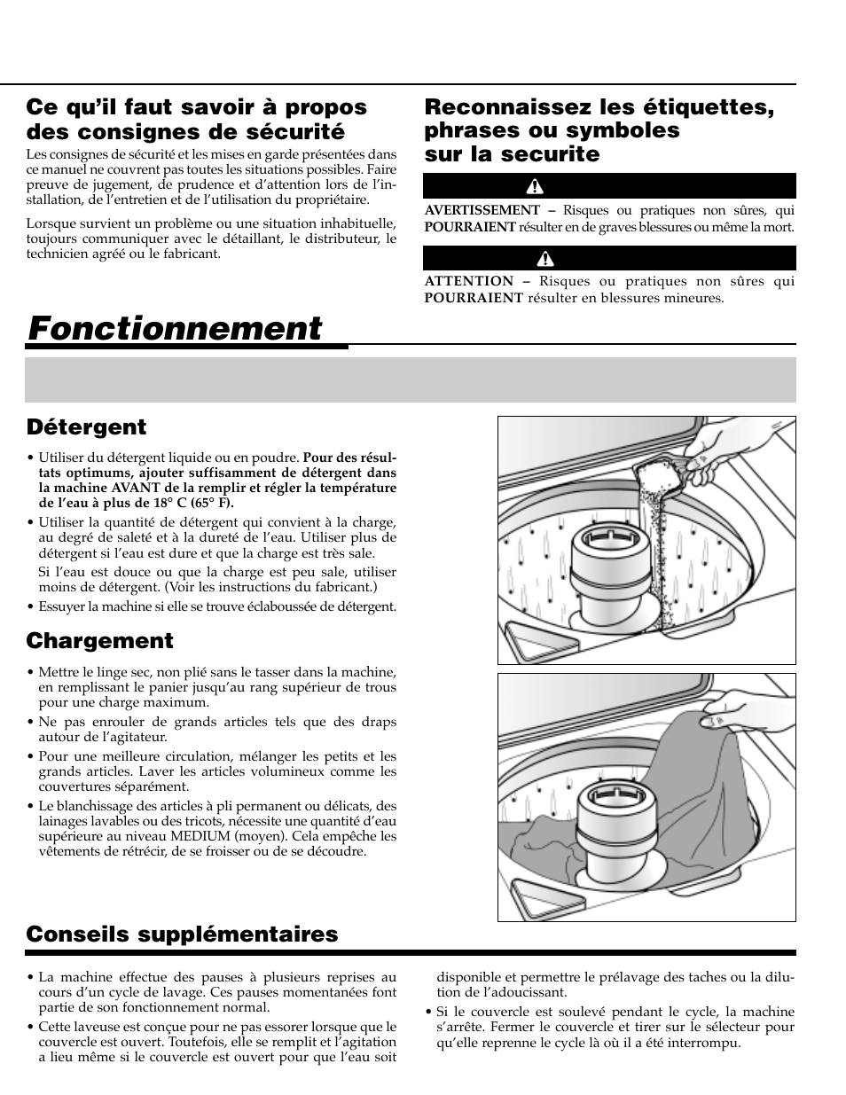 Fonctionnement, Chargement, Conseils supplémentaires | Détergent, Avertissement attention | NEC PAV-1 User Manual | Page 13 / 28