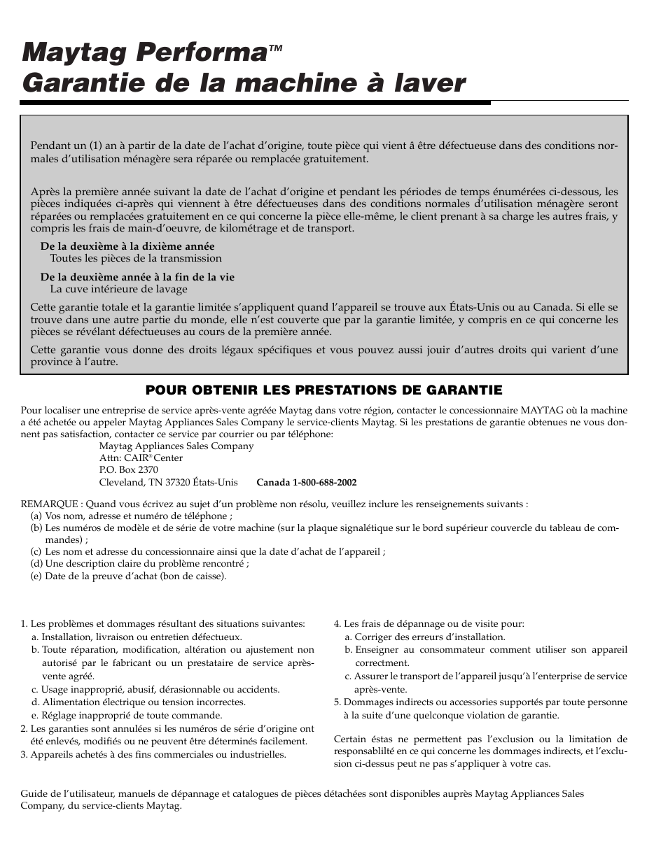 Maytag performa, Garantie de la machine à laver | NEC PAV-1 User Manual | Page 19 / 28