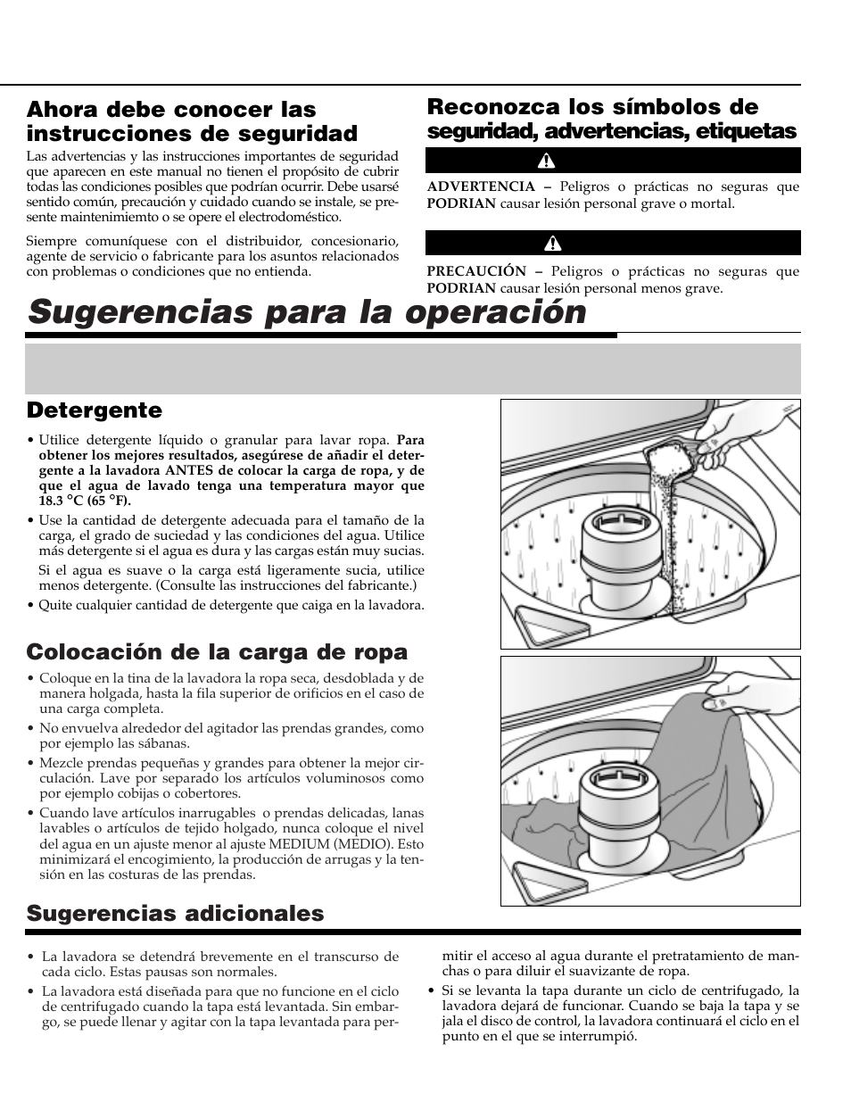 Sugerencias para la operación, Colocación de la carga de ropa, Sugerencias adicionales | Detergente, Ahora debe conocer las instrucciones de seguridad, Advertencia precaución | NEC PAV-1 User Manual | Page 23 / 28