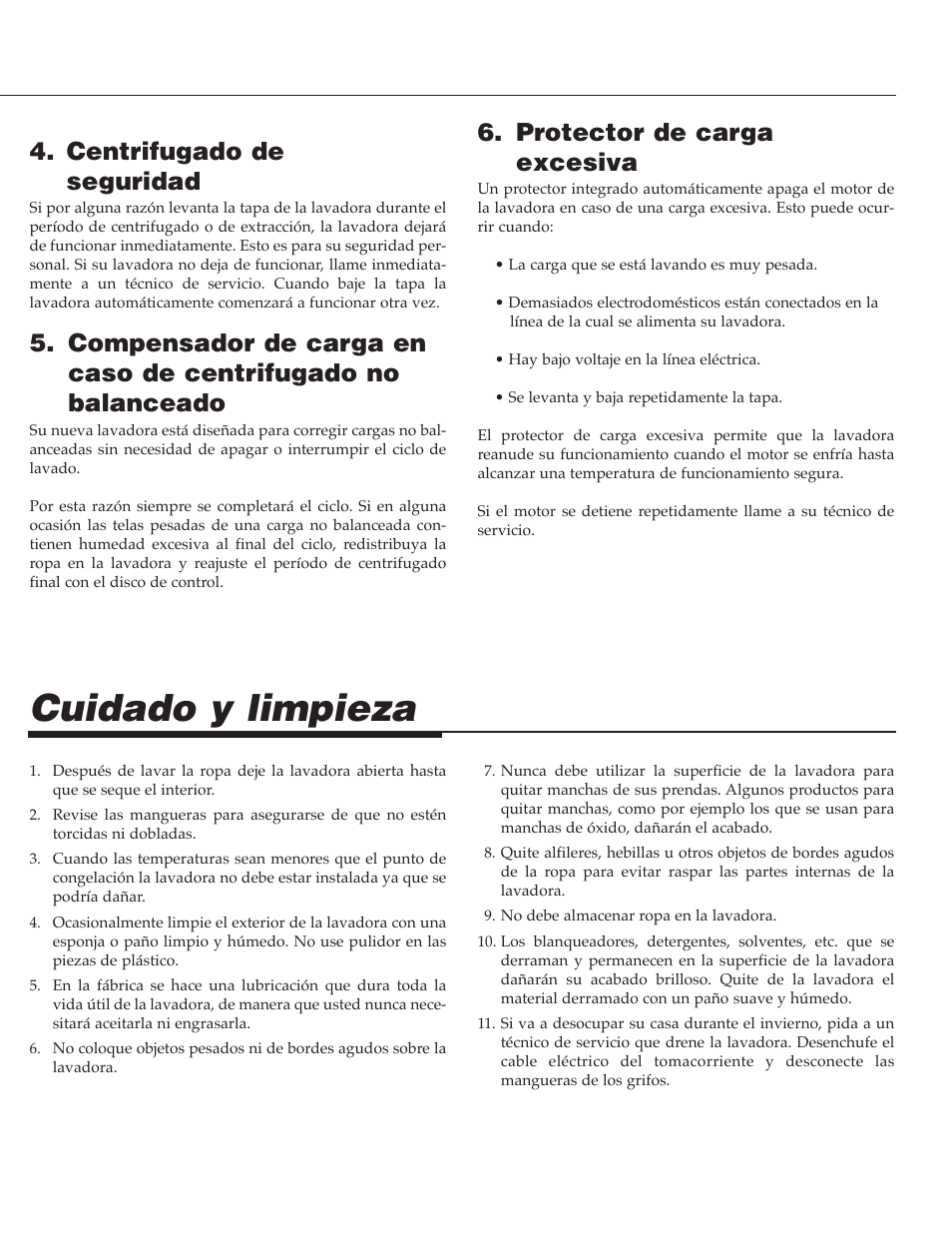 Cuidado y limpieza, Centrifugado de seguridad, Protector de carga excesiva | NEC PAV-1 User Manual | Page 27 / 28