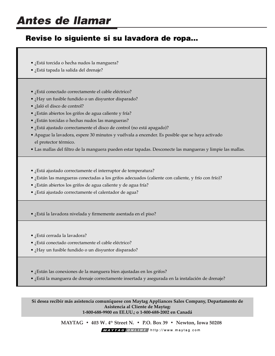 Antes de llamar, Revise lo siguiente si su lavadora de ropa | NEC PAV-1 User Manual | Page 28 / 28