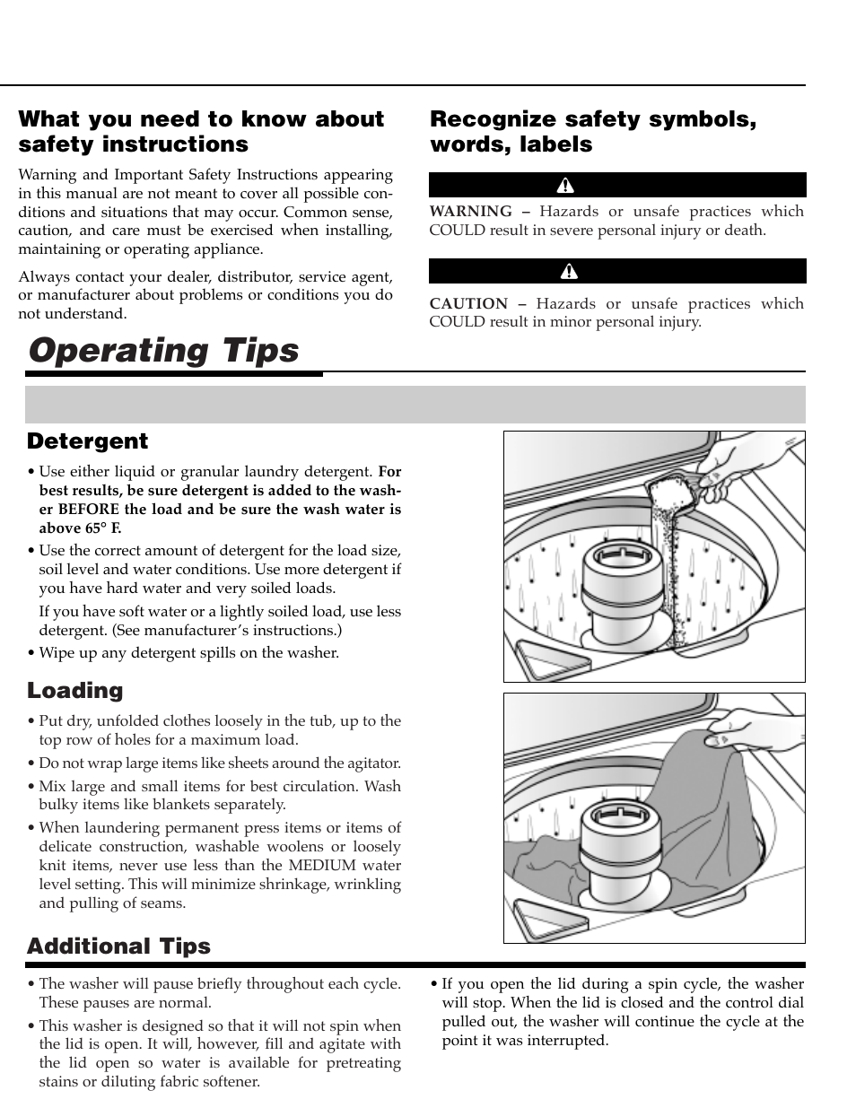 Operating tips, Loading, Additional tips | Detergent, What you need to know about safety instructions, Recognize safety symbols, words, labels | NEC PAV-1 User Manual | Page 3 / 28